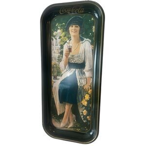 Vintage 1973 Coca-Cola Tin Tray Lady In Blue 8.5” X 19”
